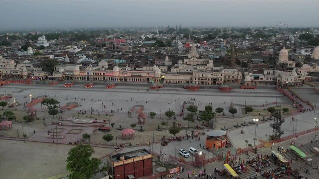 Drone Shot of Ayodhya &ndash; Aerial View of Ram Mandir, Sacred Temples, Saryu River, Ghats, and the Spiritual Landscape of the Holy City in Uttar Pradesh, India