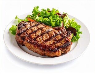 BBQ Grilled rib eye steak, fried rib-eye beef meat on a plate with green salad