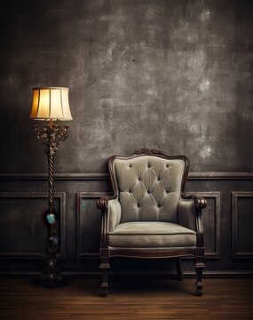 Poltrona antica in interno elegante con lampada da terra