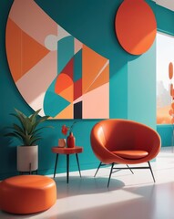 Vibrant, modern interior with bold colors and geometric art. A teal wall is accented with orange, coral, and red abstract shapes. A rounded orange chair and ottoman sit in the sunlit space