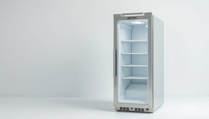 Modern Clear Glass Front Refrigerator with Shelves, Illuminated Interior - Stylish and Functional Appliance