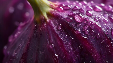 Close-up of a perfectly ripe fig, showcasing its deep purple color and smooth texture, with a vibrant green stem