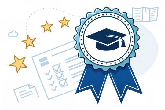 Graduation Badge with Blue Ribbon and Academic Cap Illustration Design