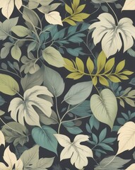 Dark background with a repeating pattern of various leaves in muted greens, blues, and greys.  Detailed botanical illustration