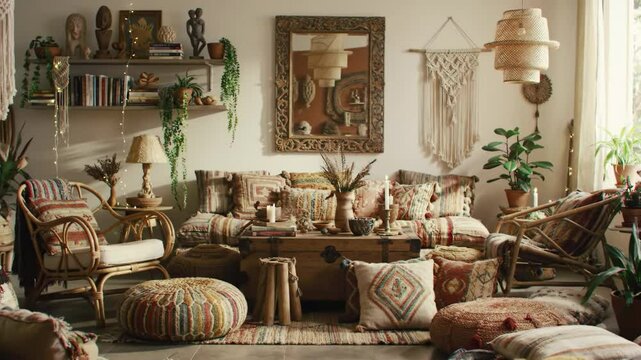Bohemian living room: rattan furniture, textiles, macrame, plants, ethnic decor. For travel blogs, meditation spaces, cultural showcases. Celebrates global artistry, soulful home comfort. 4k 60 fps
