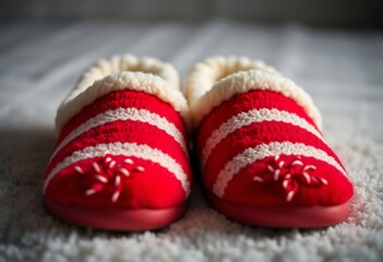 pair of red and white slippers sitting on top of a bed