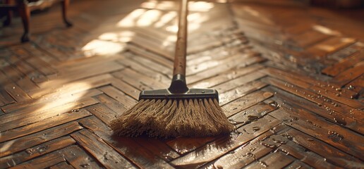 Close up of a wooden broom with natural bristles on a wooden floor. The broom is positioned in the middle of the frame and the floorboards are visible.