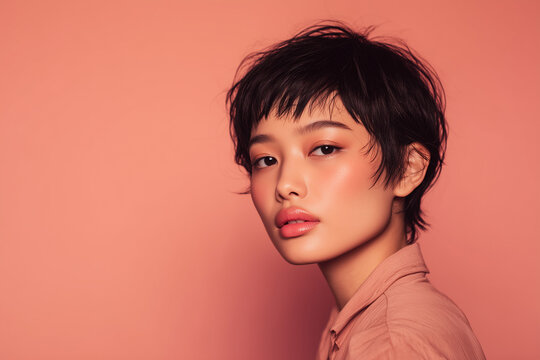 A soft and graceful Asian woman with a delicate pixie haircut slightly longer bangs, smooth side layers, and a natural brown hair color. Wearing a pastel blouse, glowing skin, and a warm gradient back