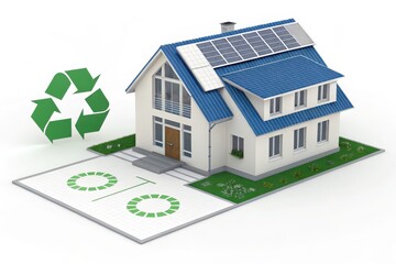 Friendly Model House with Blue Roof and Solar Panels for Eco-Friendly Living