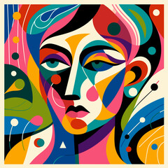 Vibrant abstract portrait of a woman featuring bold colors and geometric shapes