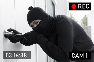 Masked burglar caught on surveillance camera while breaking into house with screwdriver at night...