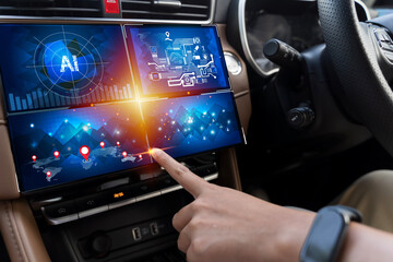 Futuristic AI smart car dashboard touchscreen with GPS navigation, data interface, and virtual control system
