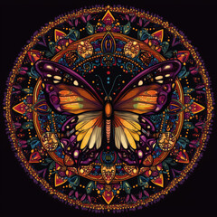 Intricate butterfly mandala pattern with colorful floral designs  
