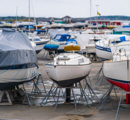 Fototapeta premium Wide panorama of boats in dry storage yard.