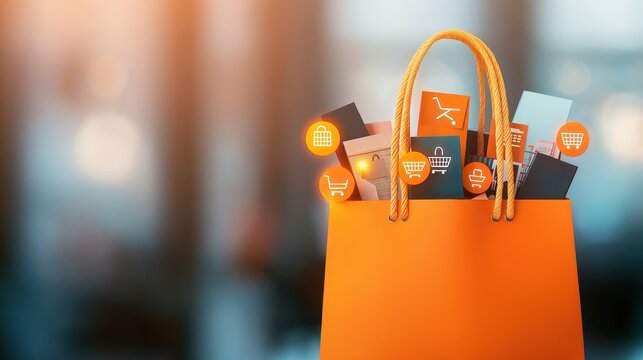 The growth of e-com Concept, Bright Orange Shopping Bag Overflowing with Digital Icons Representing Online Shopping and E-Commerce Activity