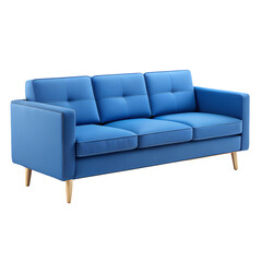 A bright blue three seater sofa with wooden legs against a transparent background