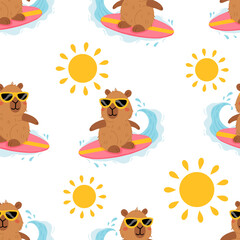 Seamless pattern with cute summer capybaras in various poses and items. Hand drawn cartoon flat style. Vacation seasonal template for design, kids collection