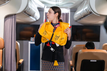 Air Hostess Demonstrating Aviation Safety Procedures to Passengers Onboard Before Flight Departure...