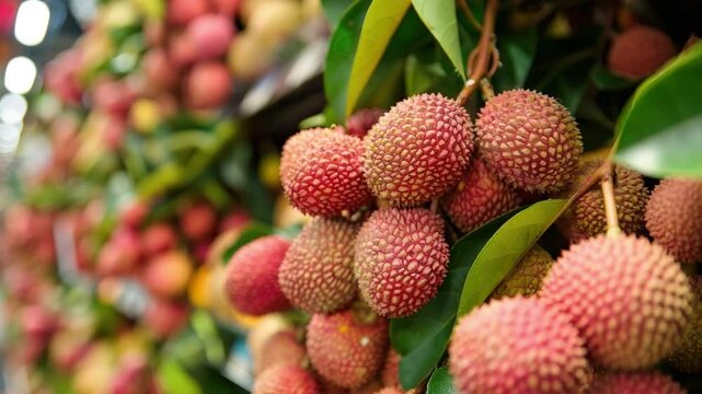 Fresh Lychee Fruits Displayed on Market Stall Surrounded by Colorful Tropical Produce  4k video footage