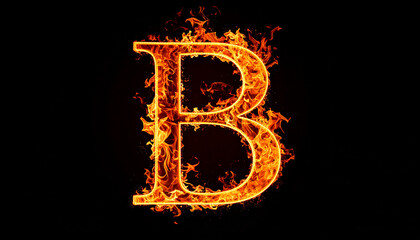 Letter B made of fire flame isolated on black backdrop. Alphabet symbol.