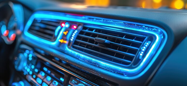 Close up of a car's air conditioning vent with blue LED lighting. The vent is located on the dashboard of a car.