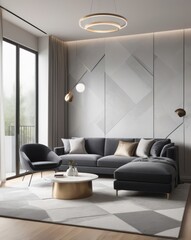 Modern living room with gray sectional sofa and accent chair.