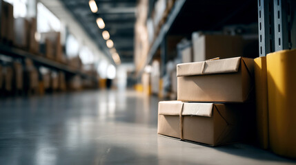 Cardboard boxes stored on shelves within a spacious warehouse. 