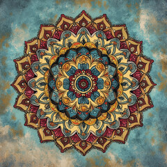 Intricate mandala pattern with vibrant colors against a textured background  