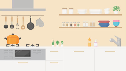 おしゃれなキッチンの背景イラスト_黄色_16:9 © ふわぷか