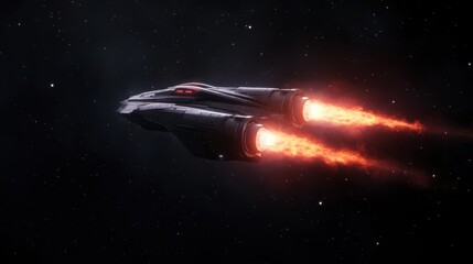 Futuristic spaceship with fiery thrusters in deep space adventure