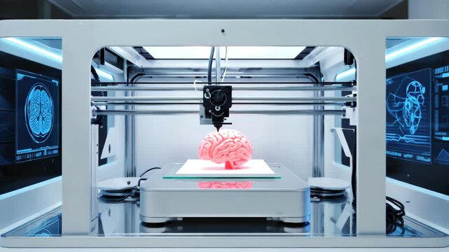 Medium shot of a modern white 3D printer actively fabricating a pink human brain model on its build plate, with futuristic blue holographic medical data displays