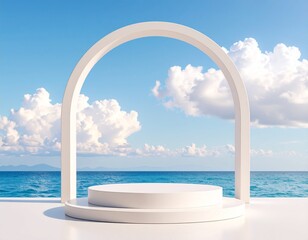 Fototapeta premium Scene with geometrical forms, arch with a podium in natural day light. minimal 