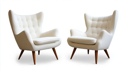 Pair of white upholstered armchairs with wooden legs