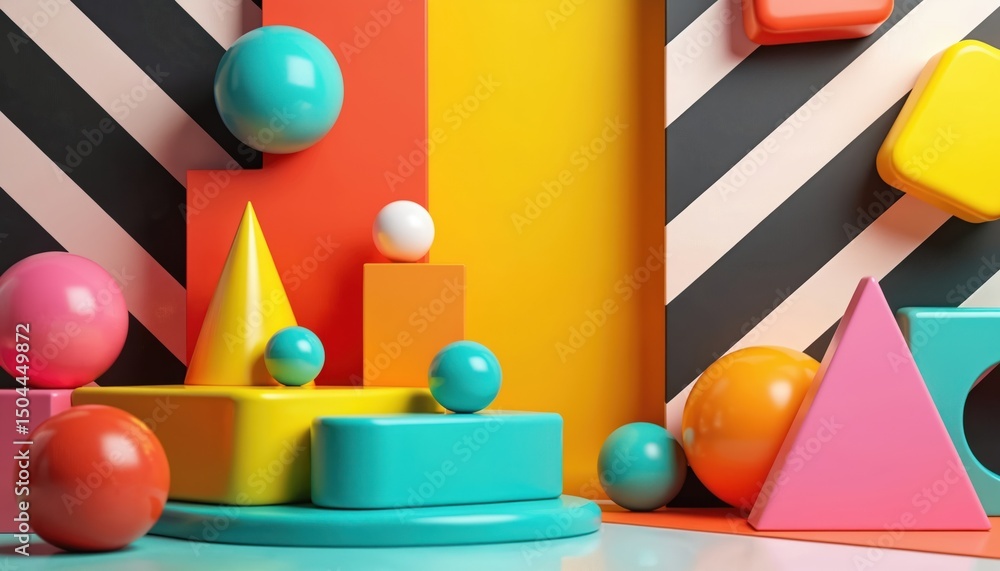 Poster colorful geometric design with vibrant shapes and contrasting patterns. smooth spheres, angular form