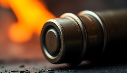 close up of a metal object with a fire in the background