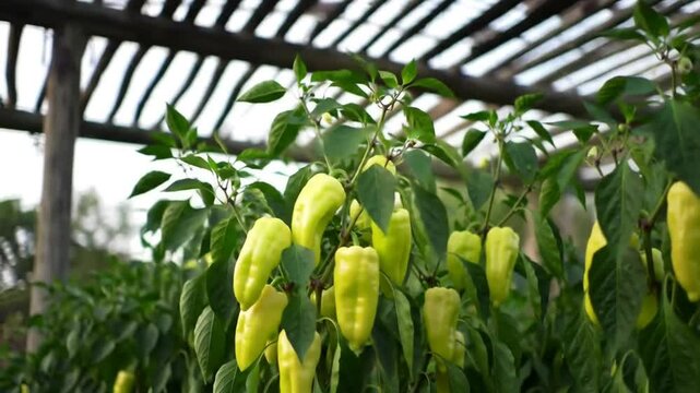Green Pepper Harvest In The Greenhouse At Sunny Day