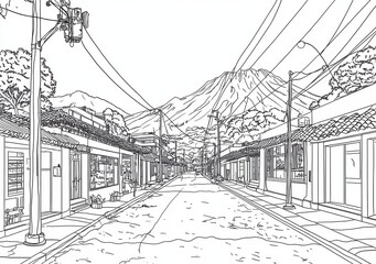 Fototapeta premium Vicolo paesaggistico in bianco e nero con sfondo montuoso