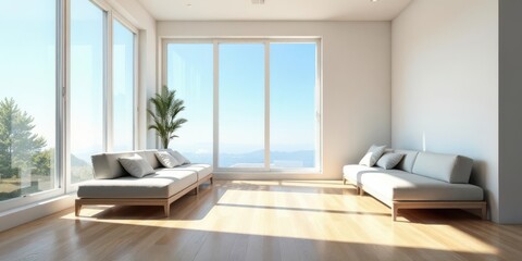 Obraz premium Serene Minimalist Living Room with Expansive Window Views and Sunlight Streaming Through