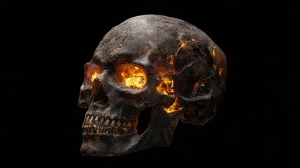 Burning skull with flames emanating from eye sockets on black background