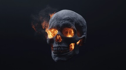 Fiery skull with flames emanating from eyes in dark setting
