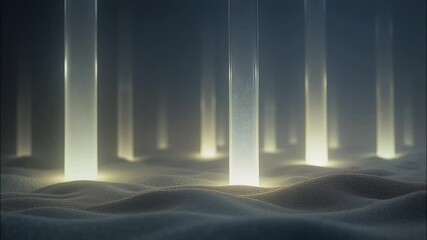 Glowing blue light pillars rise from textured ground in abstract futuristic digital scene seamless looping 4k time-lapse animation video background. Technology concept - Powered by Adobe