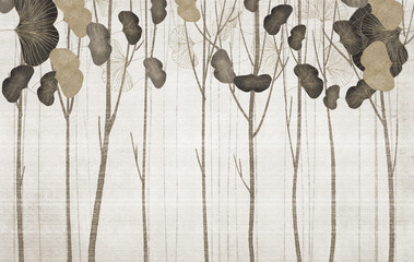 3d mural wallpaper trees in winter snow with branches and flowers. Flat modern simple background. flowers and leaves on drawing gray background. for bedroom wall decor 