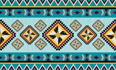 Tribal geometric seamless pattern with Aztec motifs in vibrant colors, ideal for boho textiles, upholstery, fashion, and southwestern interior decor design