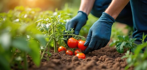 Fototapeta premium Farmer tending tomato plants in garden, ready harvest. Hands in blue gloves carefully pick ripe red tomatoes. Organic food. Fresh vegetables from farm. Agriculture work. Summer season, eco production.
