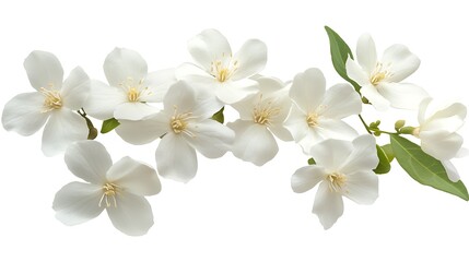 Obraz premium Delicate Branch of Mock Orange Blossoms with Green Leaves on White