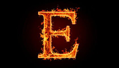 Letter E made of fire flame isolated on black backdrop. Alphabet symbol.
