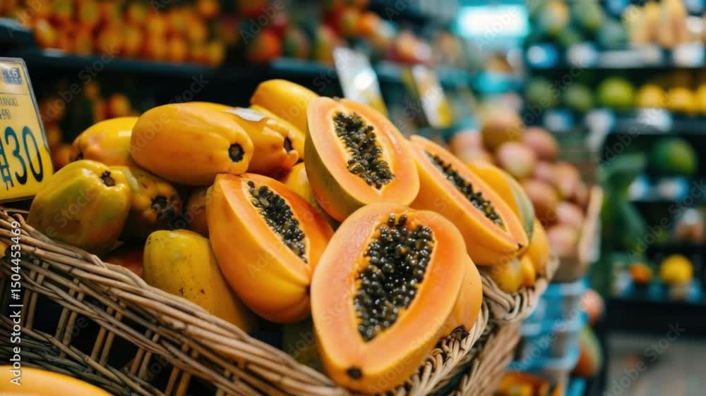 Poster fresh and vibrant papayas displayed in a rustic basket at a local market with colorful background pr