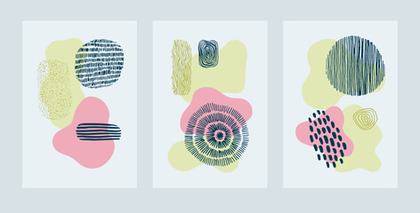 Abstract posters with graphic elements, lines, spots and organic shapes. Collection of vector illustration for poster, cover, card, invitation, flyer, brochure or banner design.