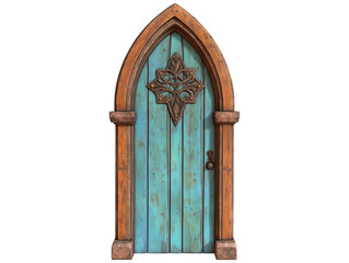 Detailed Gothic Wooden Door with Turquoise Paint