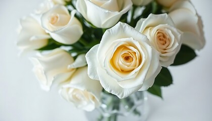 vase filled with white roses on top of a table